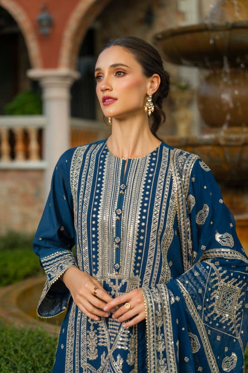 Blue Embroidered Cotton Silk 3 Piece Unstitched Suit thumbnail