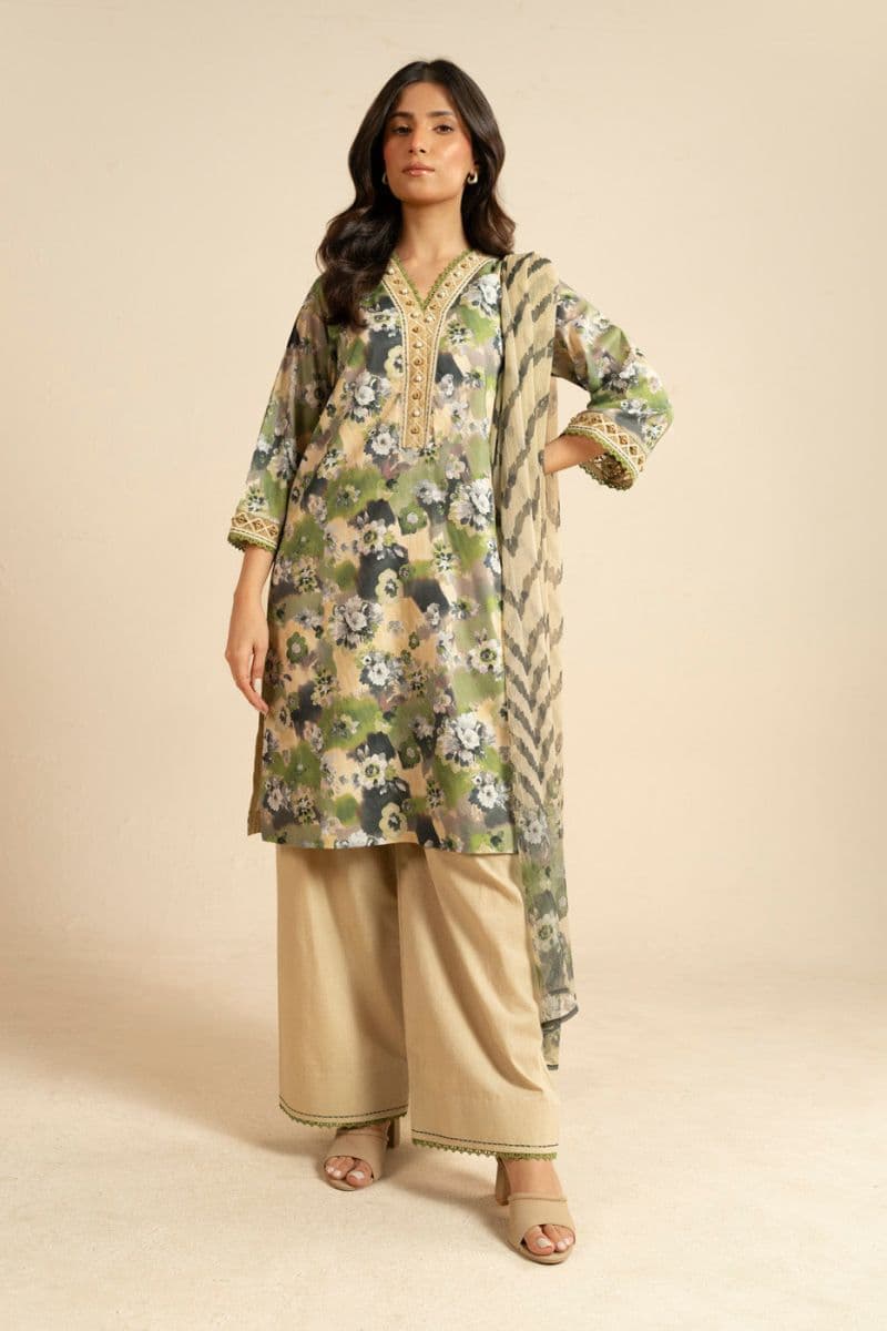 Olive Green Printed Lawn 3 Piece Unstitched Suit thumbnail