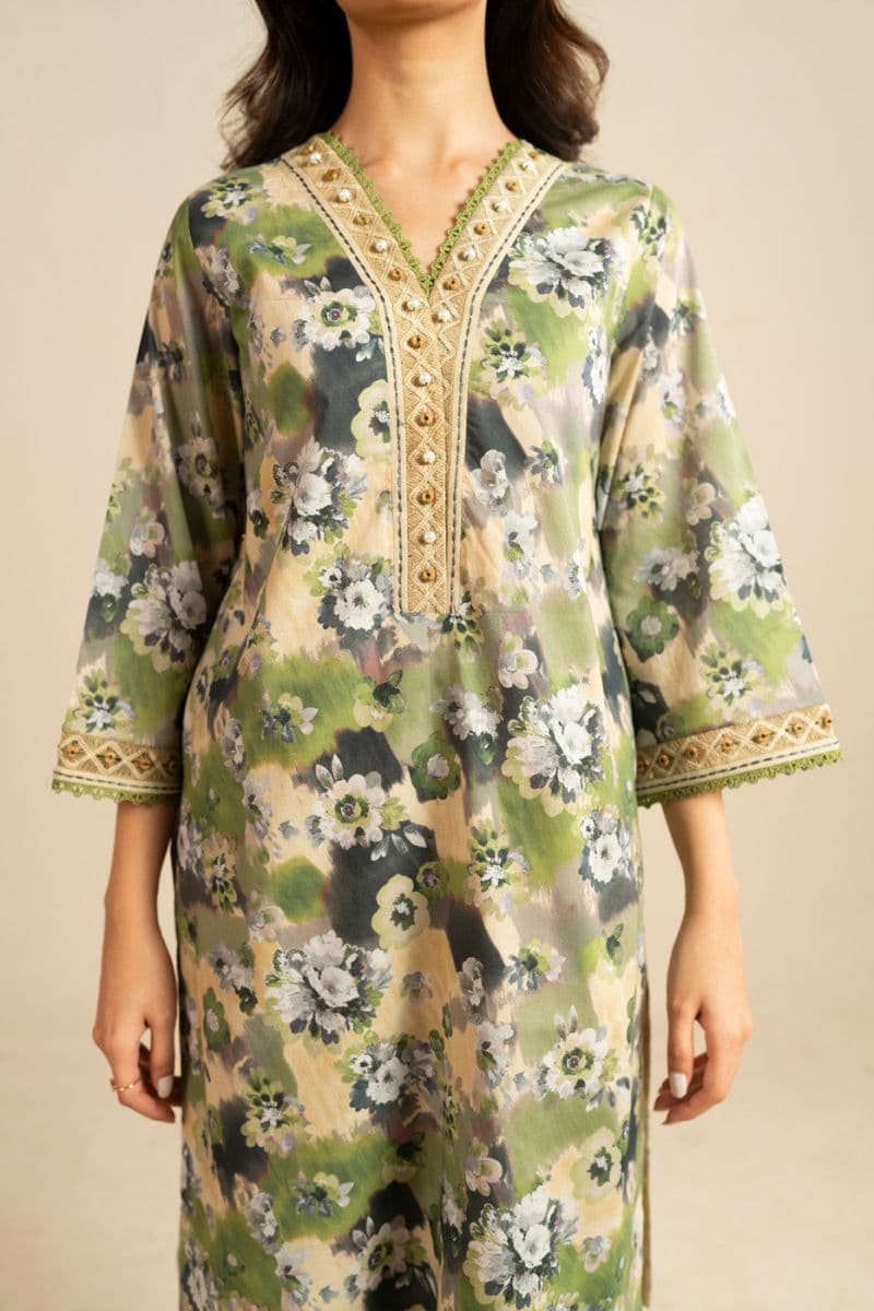 Olive Green Printed Lawn 3 Piece Unstitched Suit thumbnail