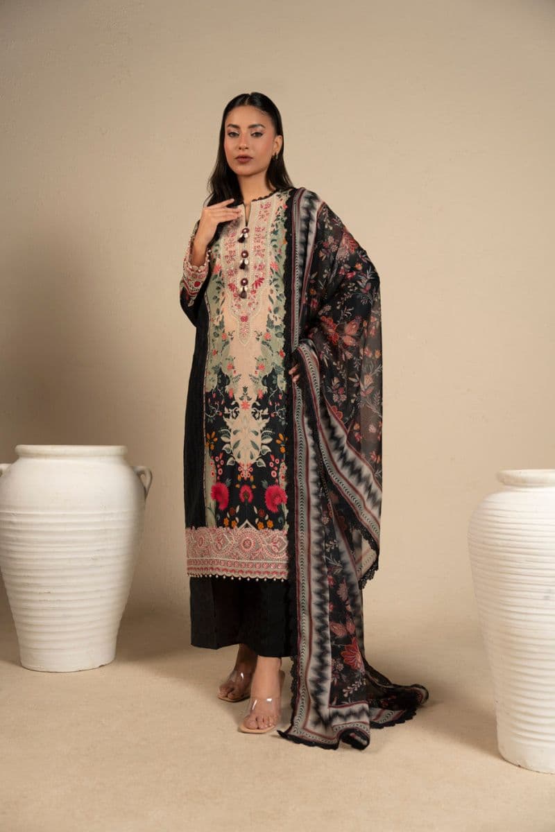 Black Embroidered Cotton Filament 3 Piece Unstitched Suit thumbnail