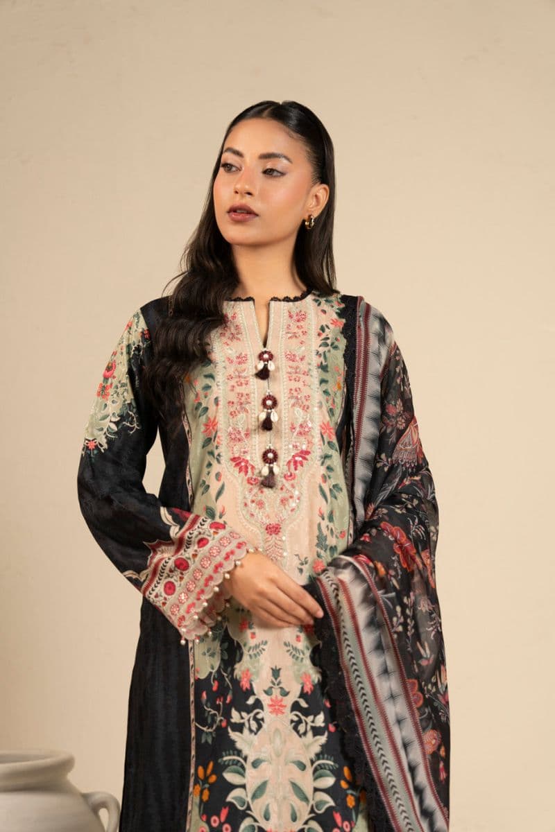 Black Embroidered Cotton Filament 3 Piece Unstitched Suit thumbnail