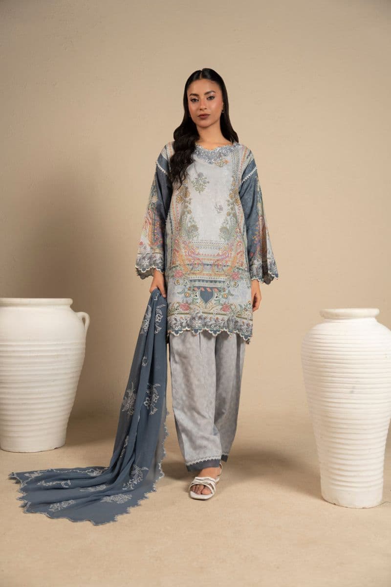 Grey Embroidered Cotton Filament 3 Piece Unstitched Suit thumbnail