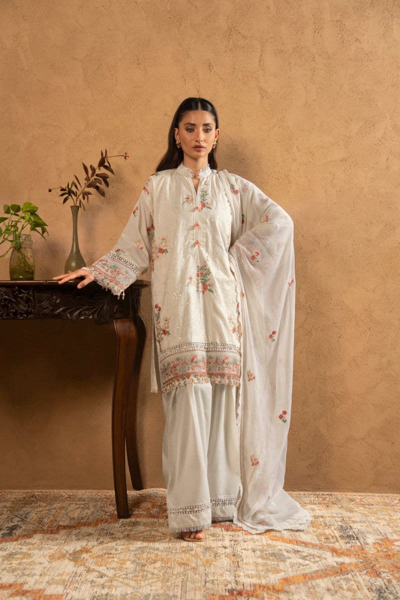 Off White Embroidered Lawn 3 Piece Unstitched Suit thumbnail