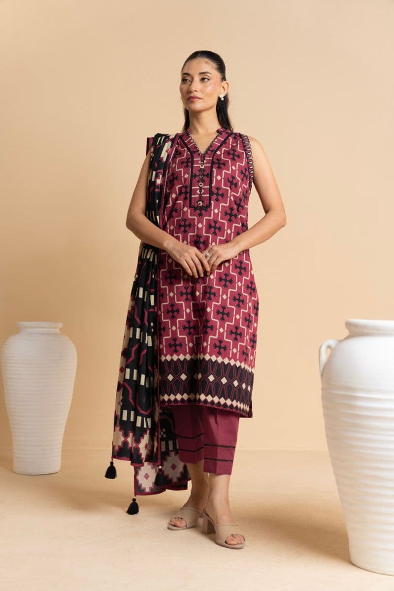 Red Printed Lawn 3 Piece Unstitched Suit thumbnail