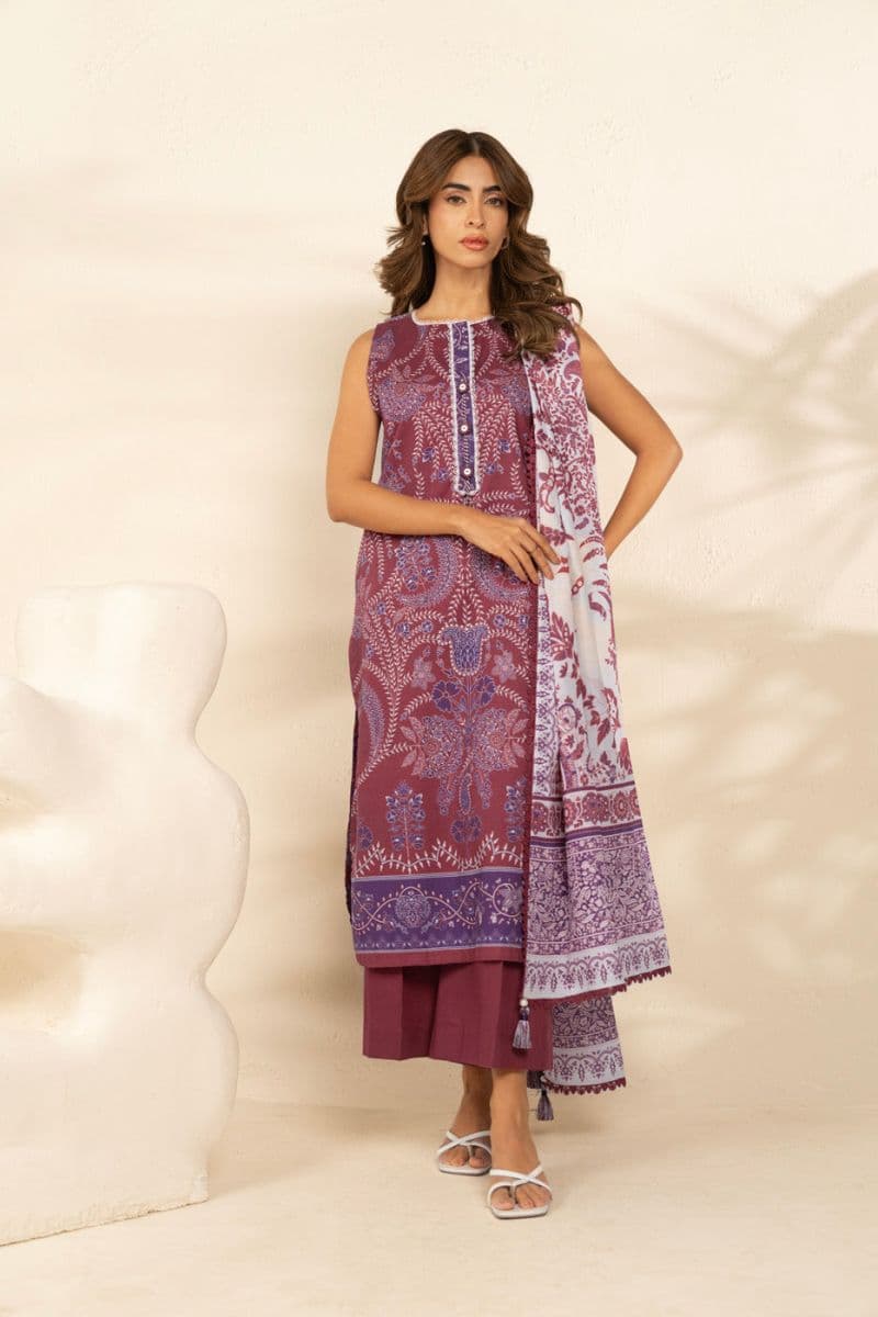 Maroon Printed Cambric 3 Piece Unstitched Suit thumbnail