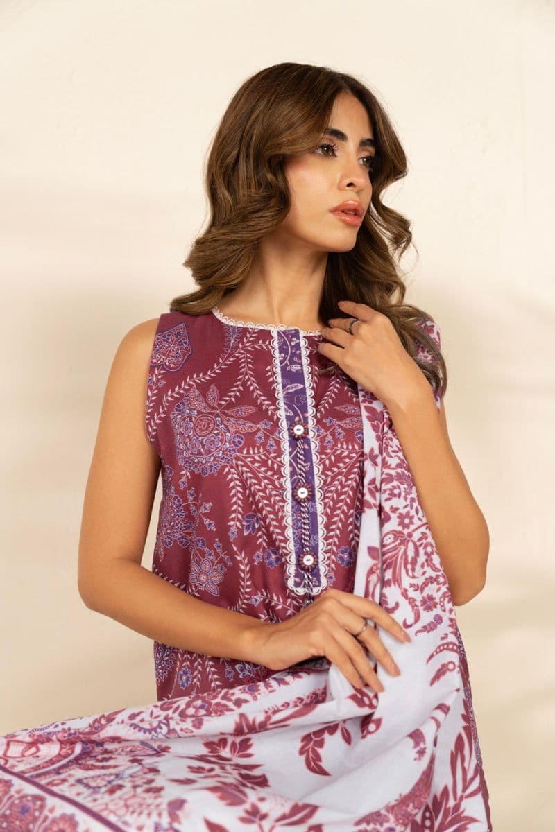 Maroon Printed Cambric 3 Piece Unstitched Suit thumbnail