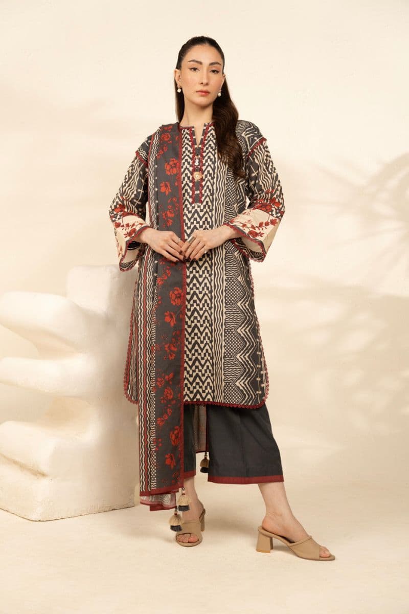 Black Printed Cambric 3 Piece Unstitched Suit thumbnail