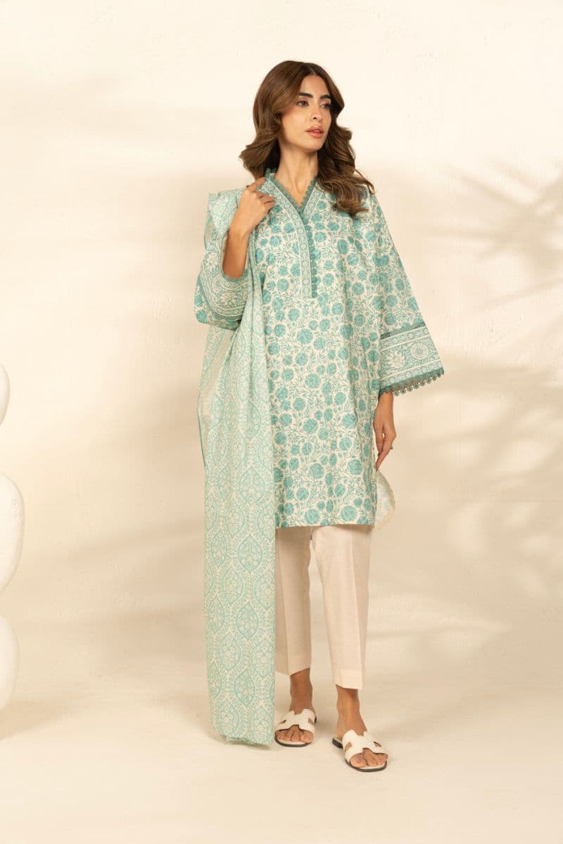 Cream Printed Cambric 3 Piece Unstitched Suit thumbnail