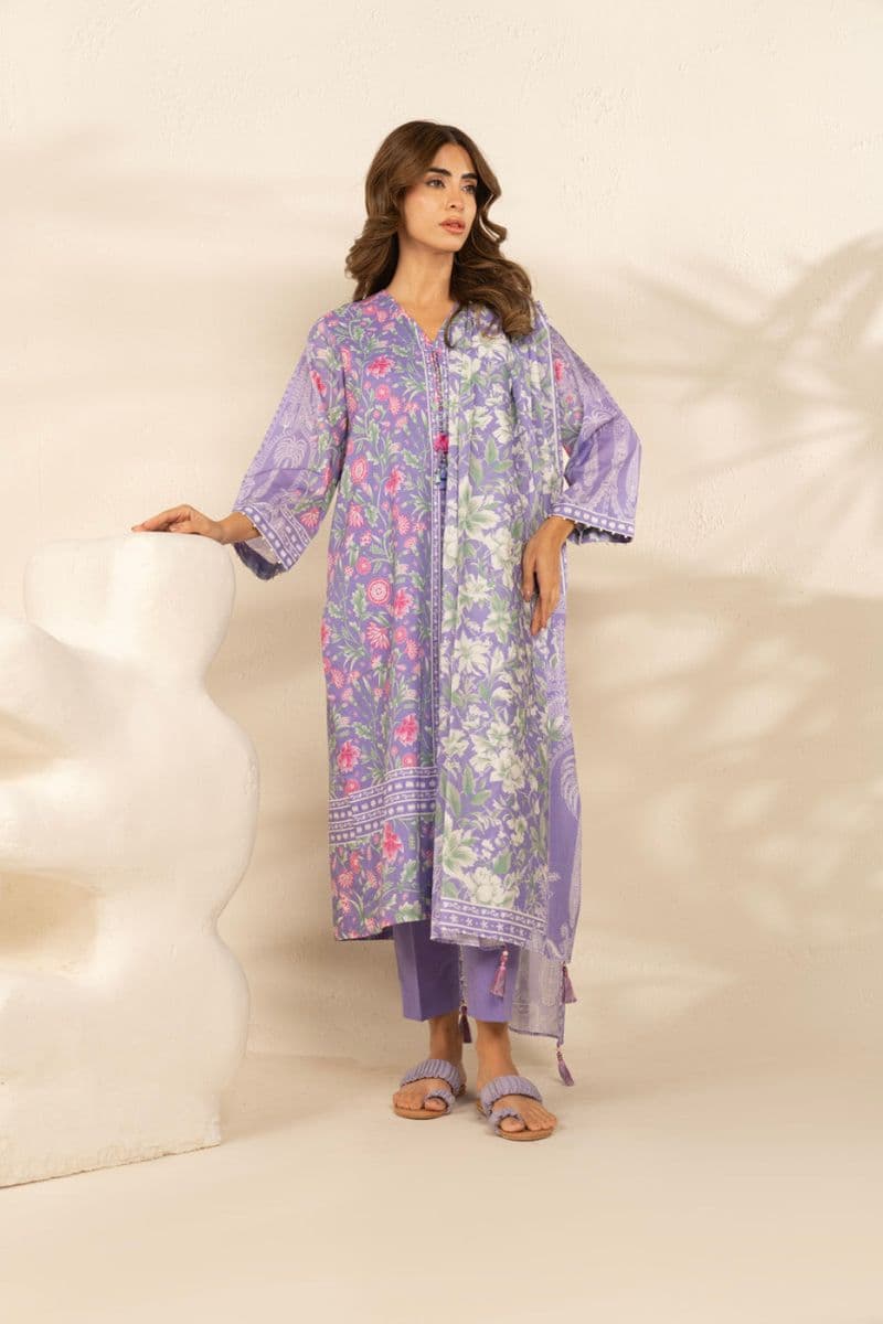 Purple Printed Cambric 3 Piece Unstitched Suit thumbnail