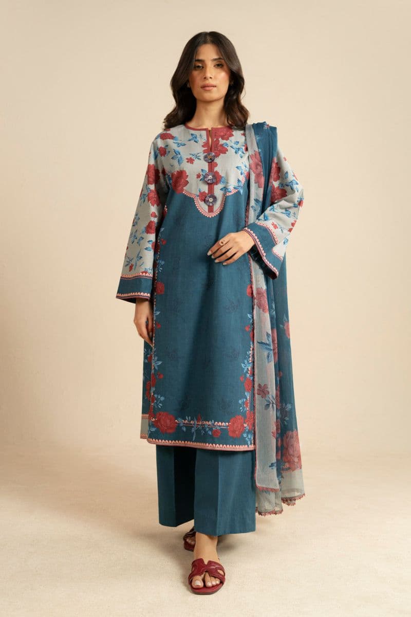 Teal Printed Dobby 3 Piece Unstitched Suit thumbnail