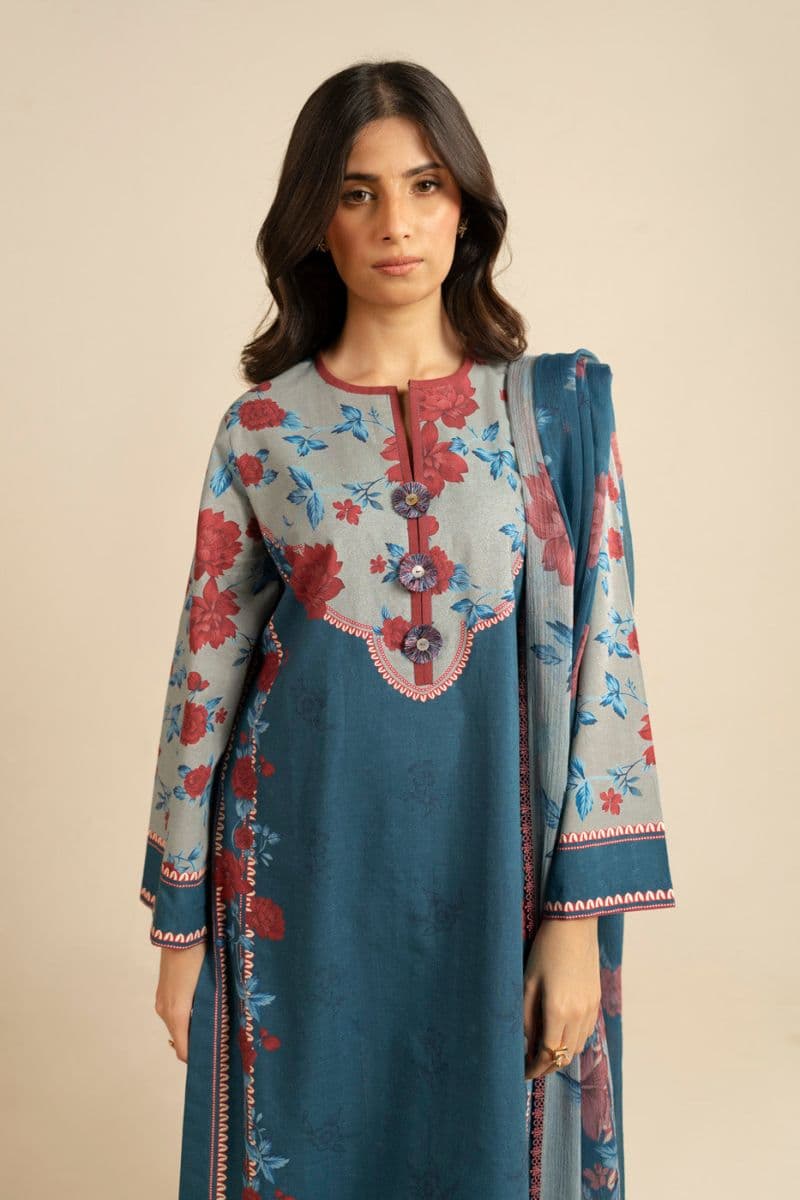 Teal Printed Dobby 3 Piece Unstitched Suit thumbnail