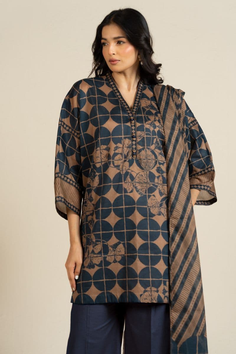 Brown Printed Lawn 3 Piece Unstitched Suit thumbnail