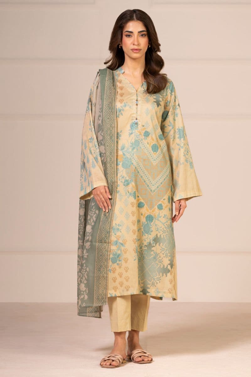 Beige Printed Lawn 3 Piece Unstitched Suit thumbnail