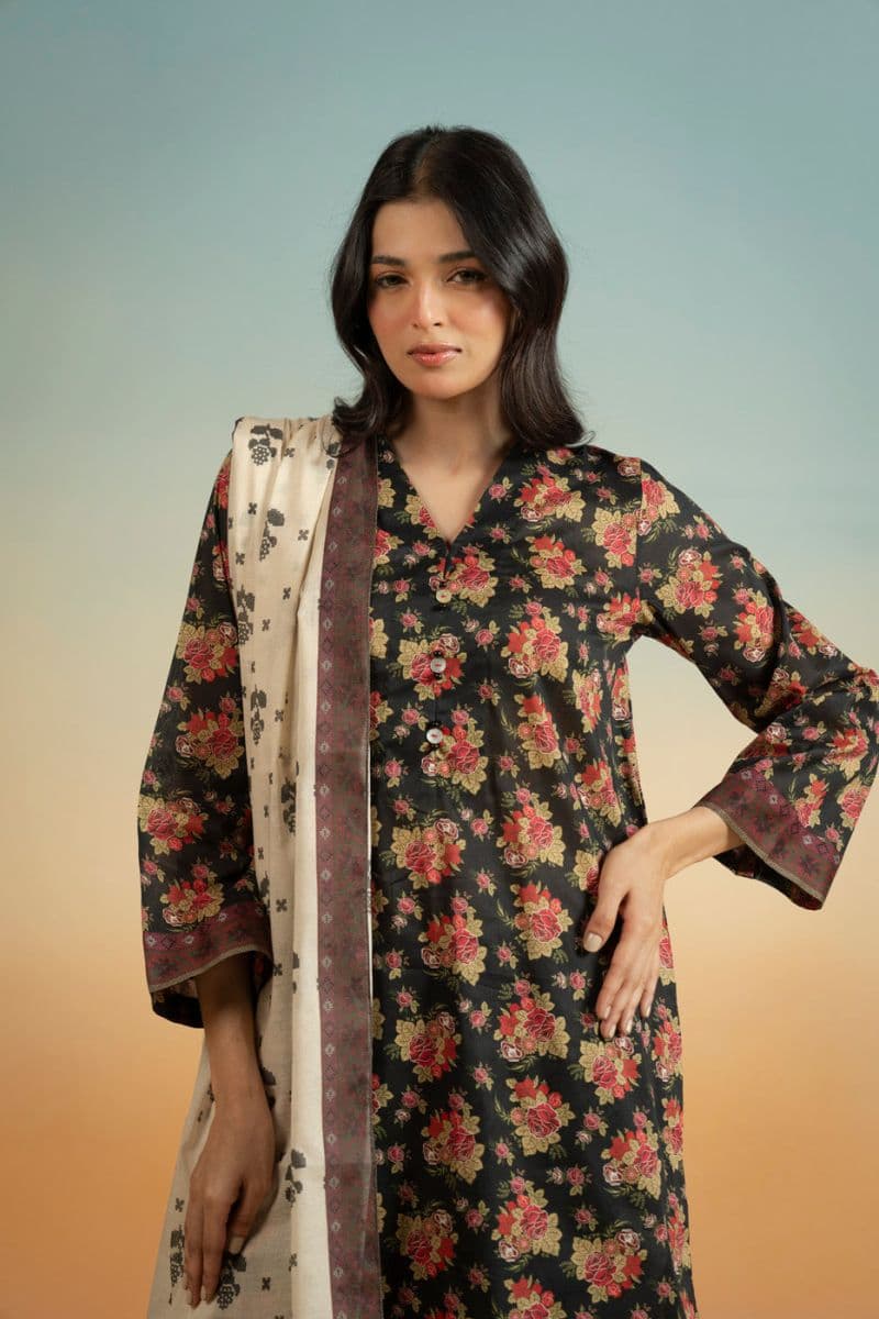 Black Printed Lawn 3 Piece Unstitched Suit thumbnail