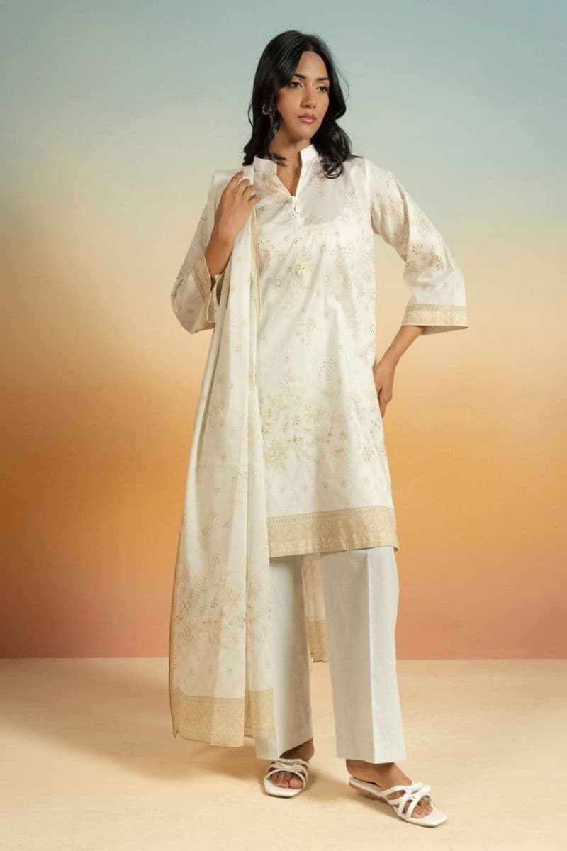 Cream Printed Lawn 3 Piece Unstitched Suit thumbnail
