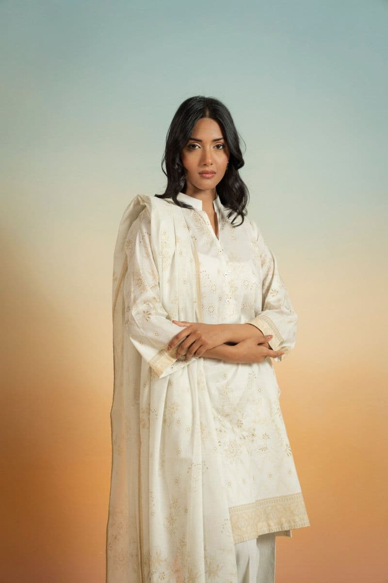 Cream Printed Lawn 3 Piece Unstitched Suit thumbnail