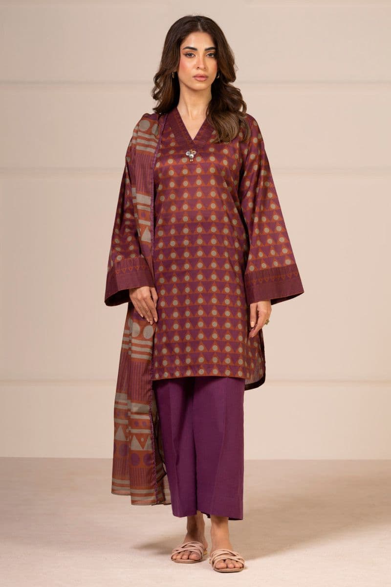 Rust Printed Lawn 3 Piece Unstitched Suit thumbnail