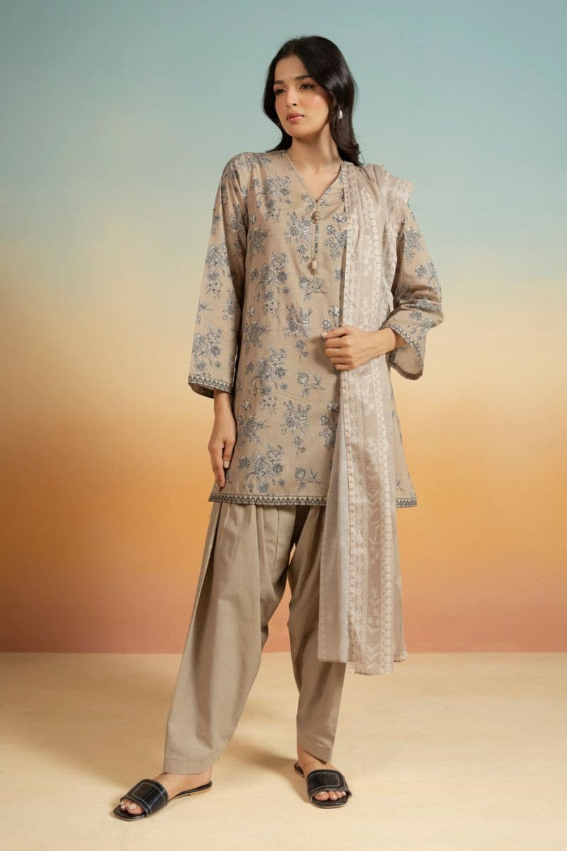 Beige Printed Lawn 3 Piece Unstitched Suit thumbnail