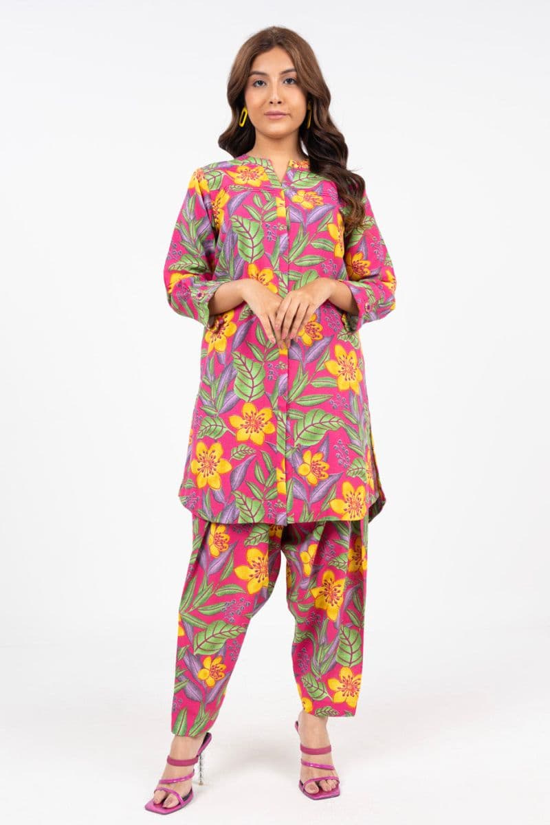 Pink Printed Khaddar 2 Piece Unstitched Suit thumbnail