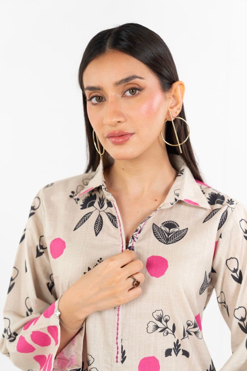 Beige/Pink Printed 2 Piece Ready-to-Wear Shirt thumbnail