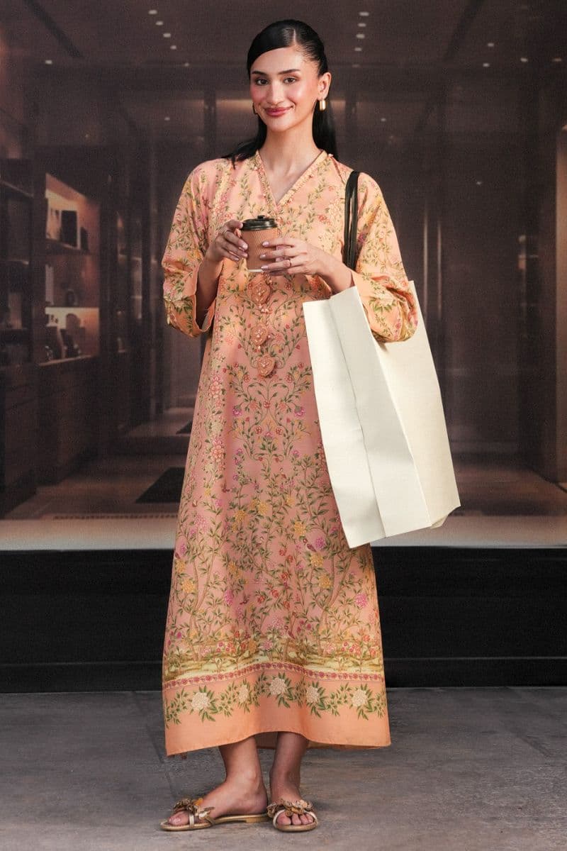 Peach Printed Poly Khaddar Ready-to-Wear Suit thumbnail