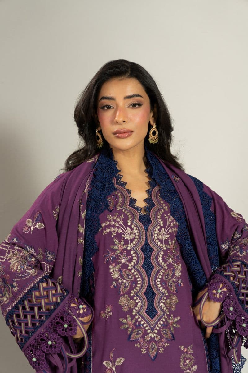 Burgundy Embroidered Viscose 3 Piece Unstitched Suit thumbnail