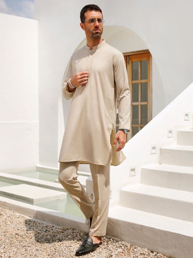 Beige Blended Kurta Trouser thumbnail