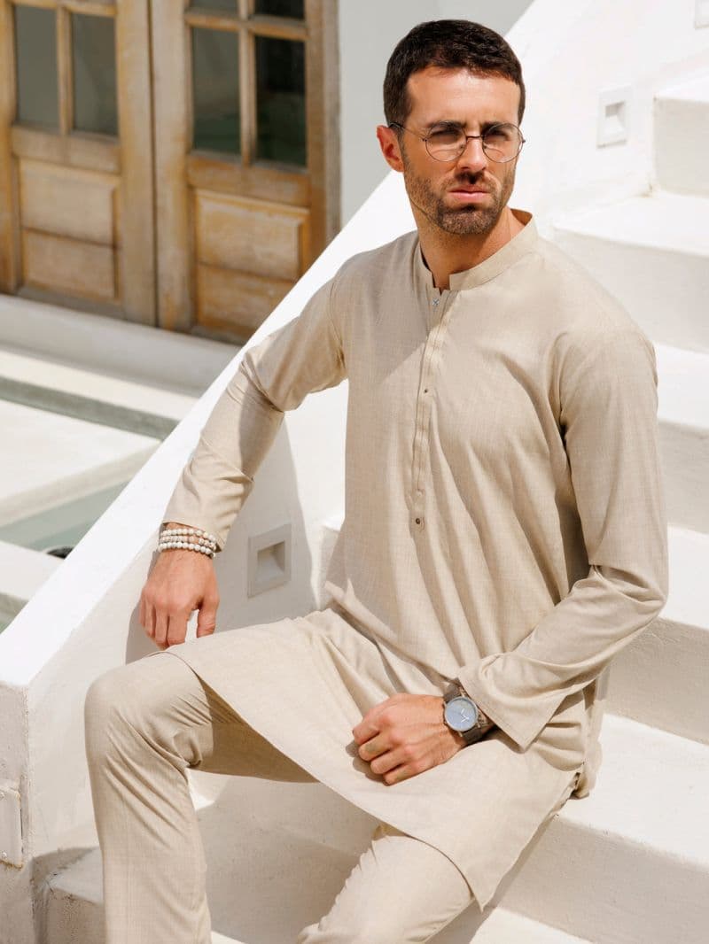 Beige Blended Kurta Trouser thumbnail