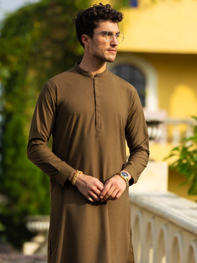 Olive Green Blended Kameez Shalwar thumbnail