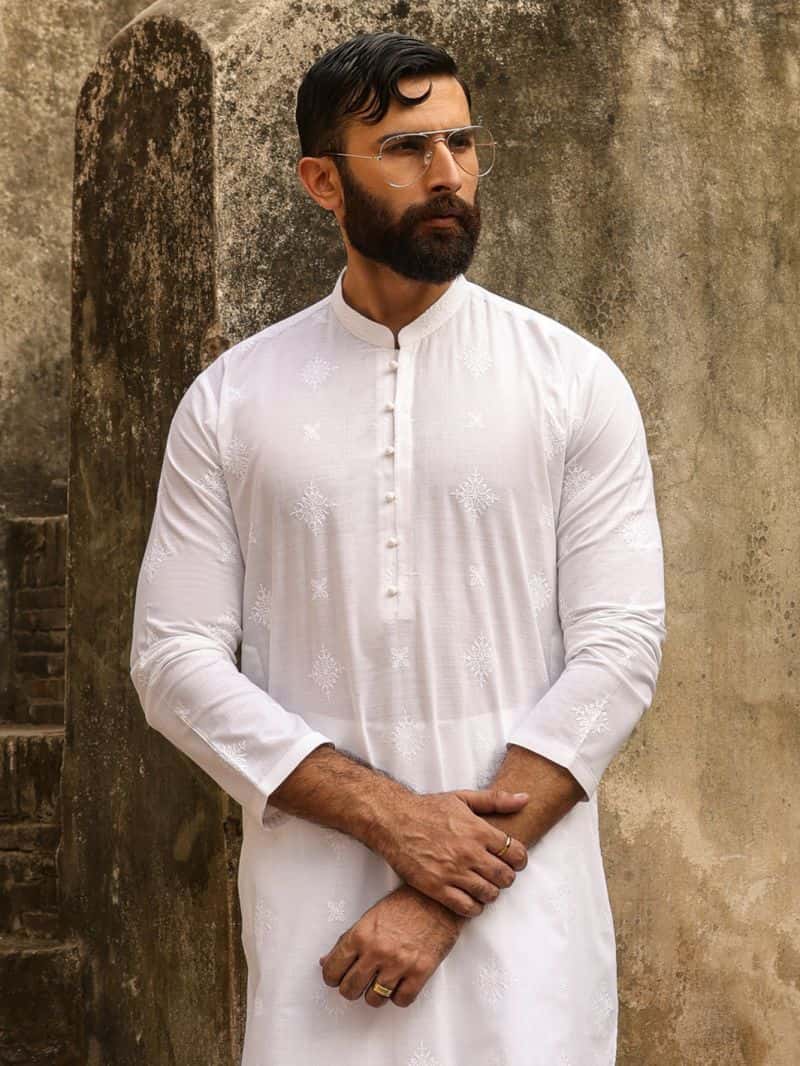 White Cotton Formal Kurta - alternate view