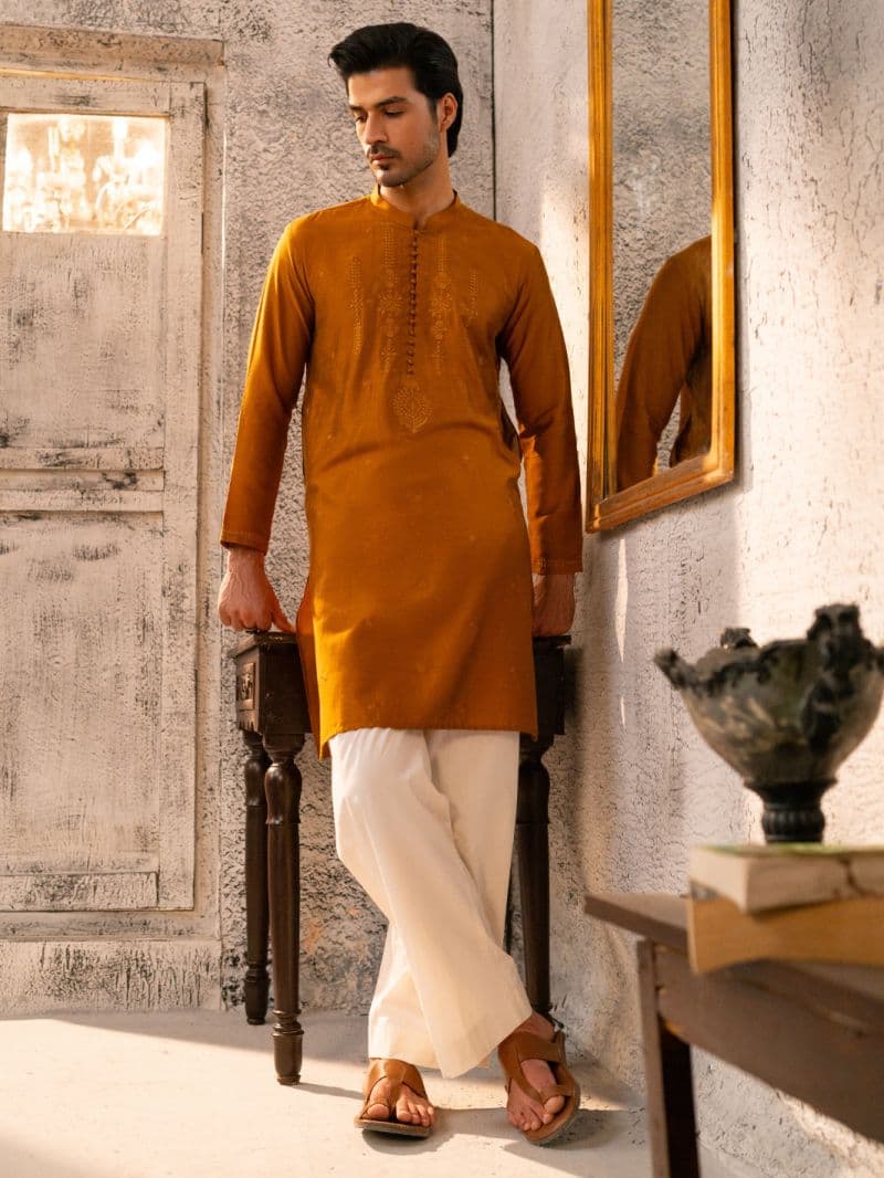 Mustard Formal Embroidered Kurta thumbnail