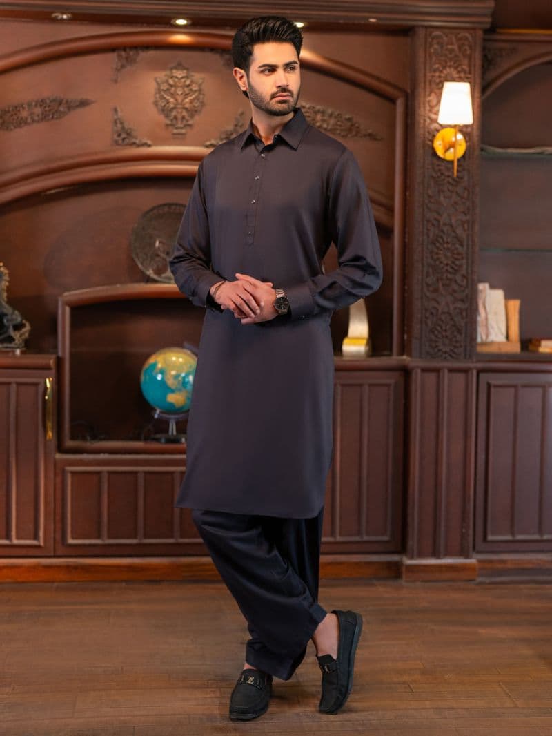 Charcoal Grey Cut & Sew Kameez Shalwar thumbnail