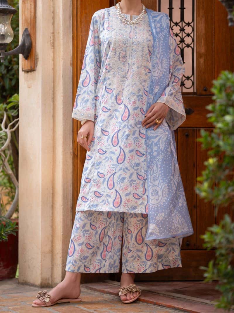 Ice Blue Cambric Stitched 3Pc