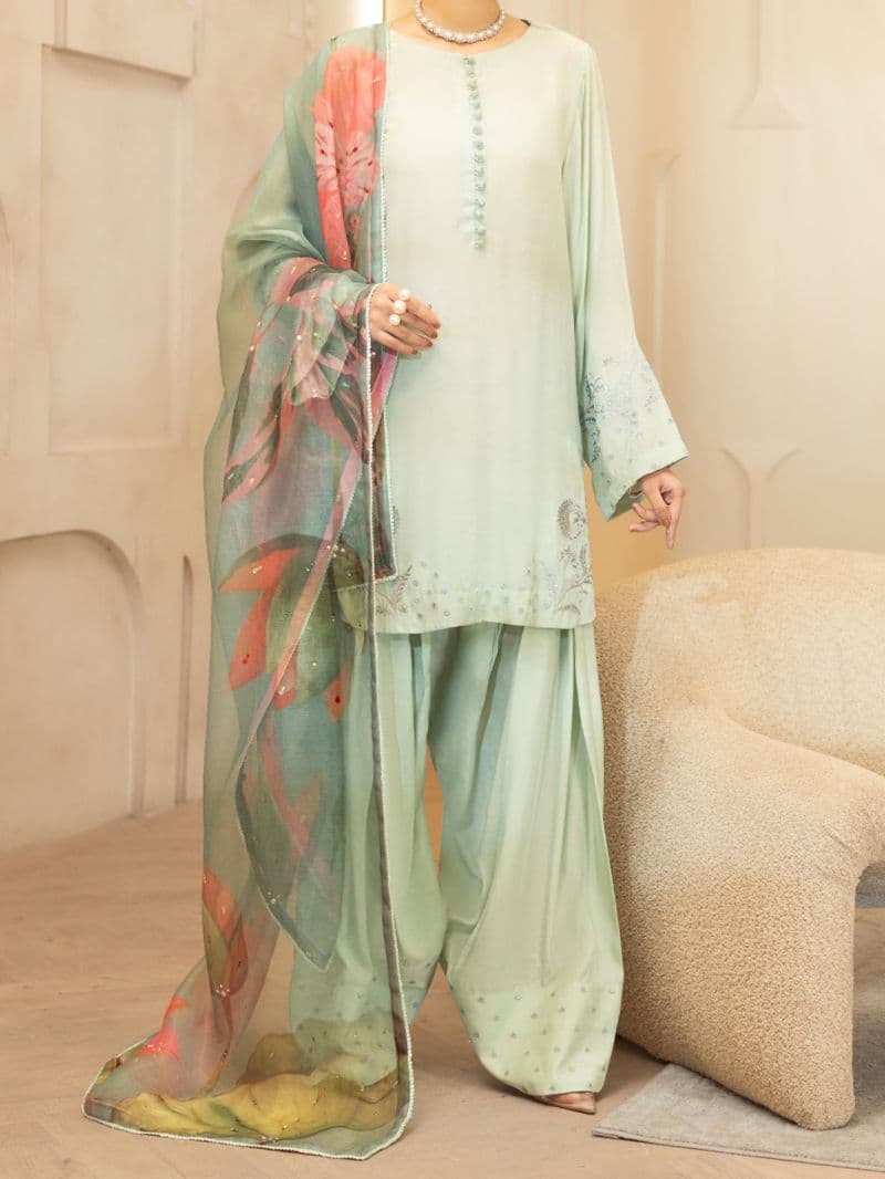 Light Green Viscose Sheesha Silk Stitched 3PC thumbnail