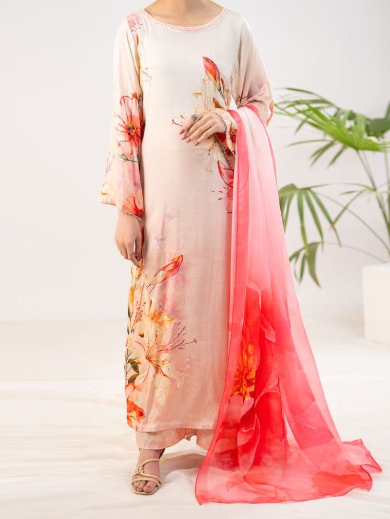 Peach Thai Silk Stitched 3Pc thumbnail