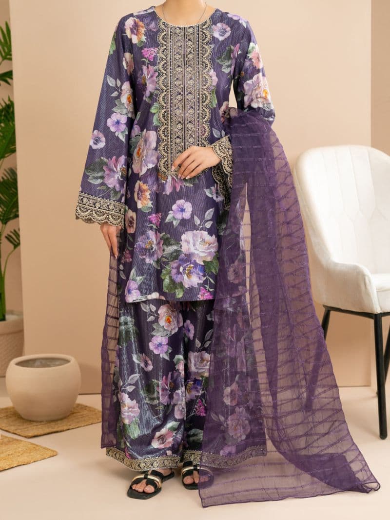 Purple Lurex Cotton Stitched 3Pc thumbnail