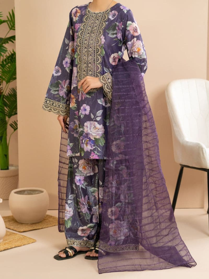Purple Lurex Cotton Stitched 3Pc thumbnail