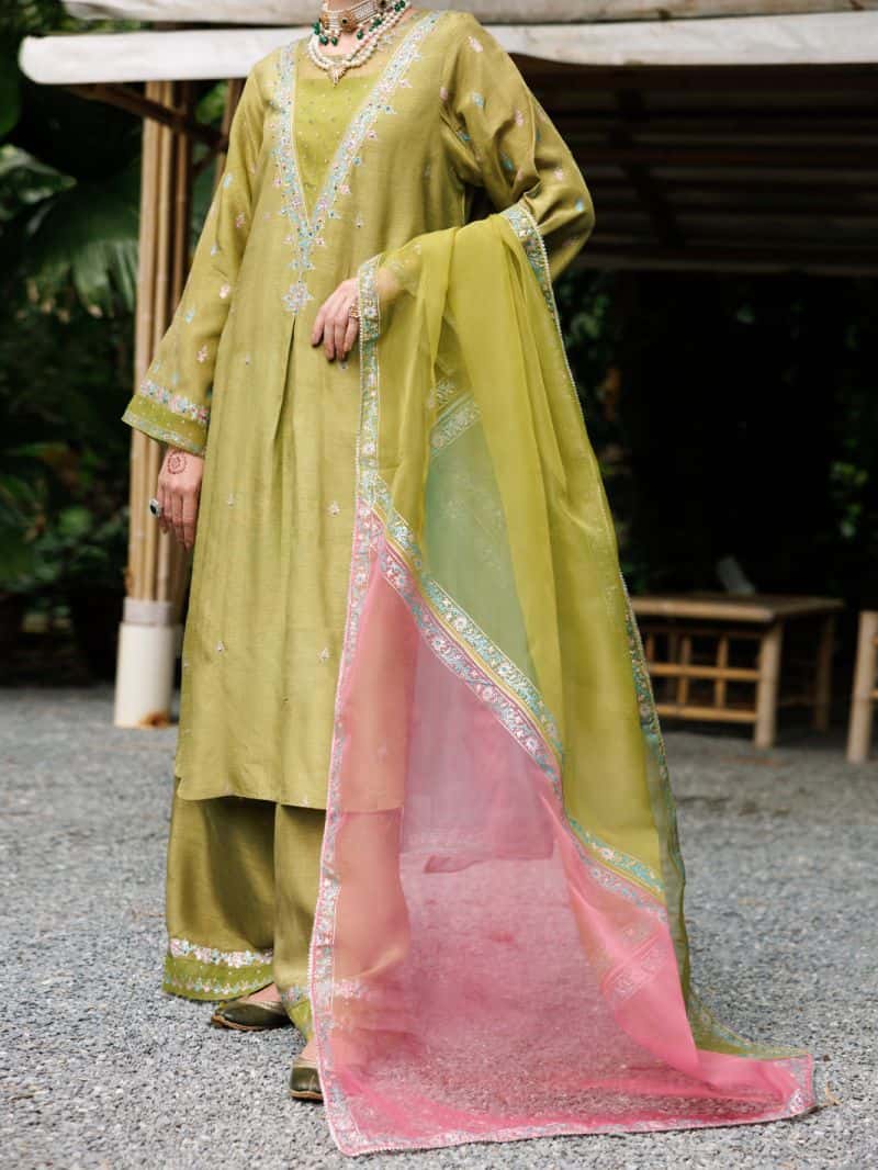 Lime Green Maple Silk 3 Piece Stitched