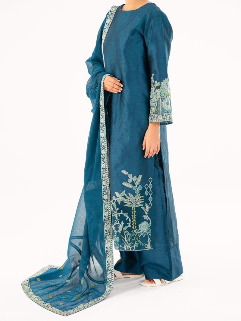 Turquoise Self-Jacquard Silk Formal 3Pc Stitched thumbnail
