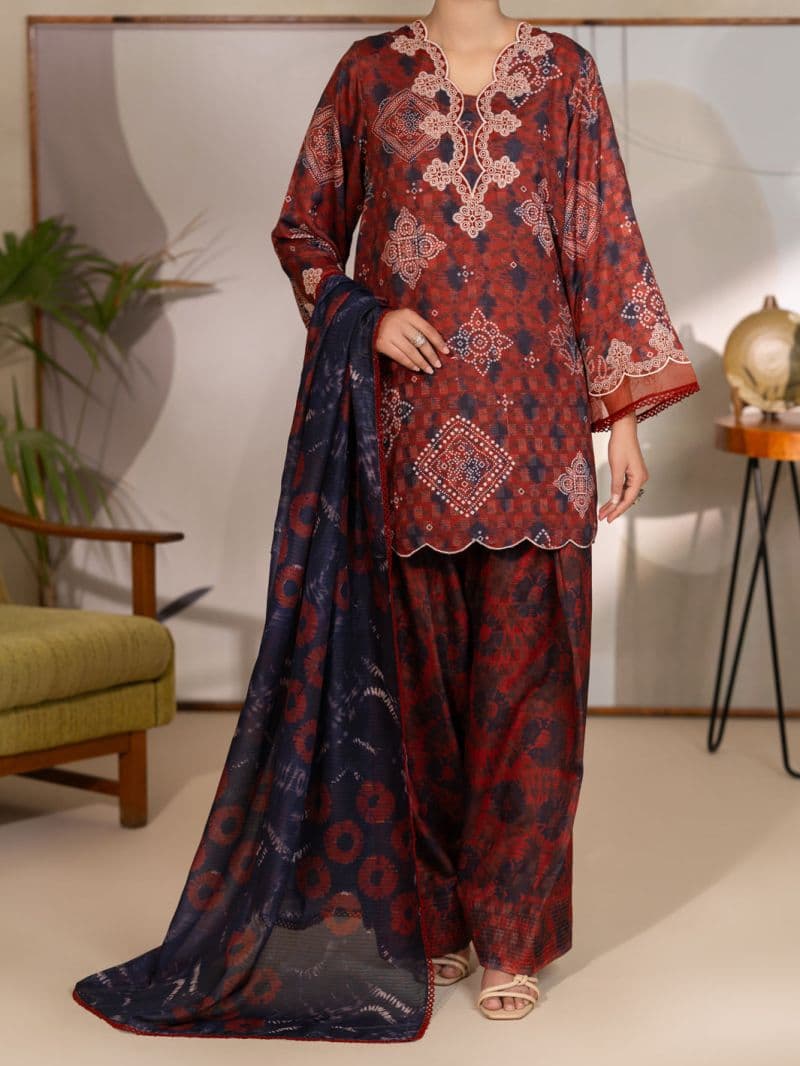 Maroon Swiss Jacquard Unstitched 3PC thumbnail
