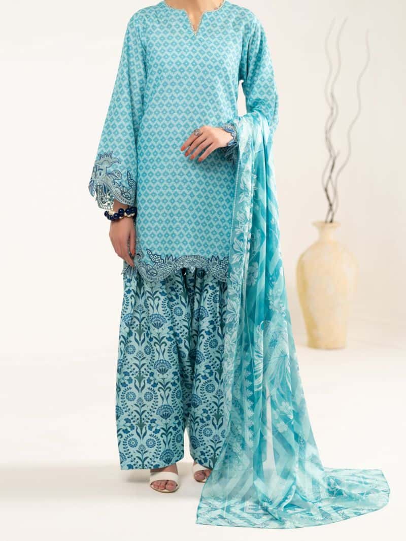 Aqua Blue Raw Silk 3Pc Unstitched