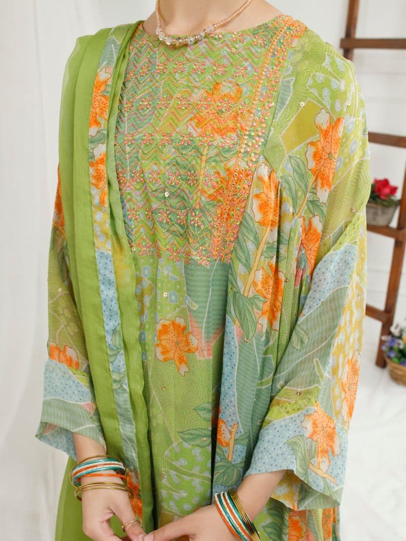 Light Green Georgette 3 Piece Stitched thumbnail