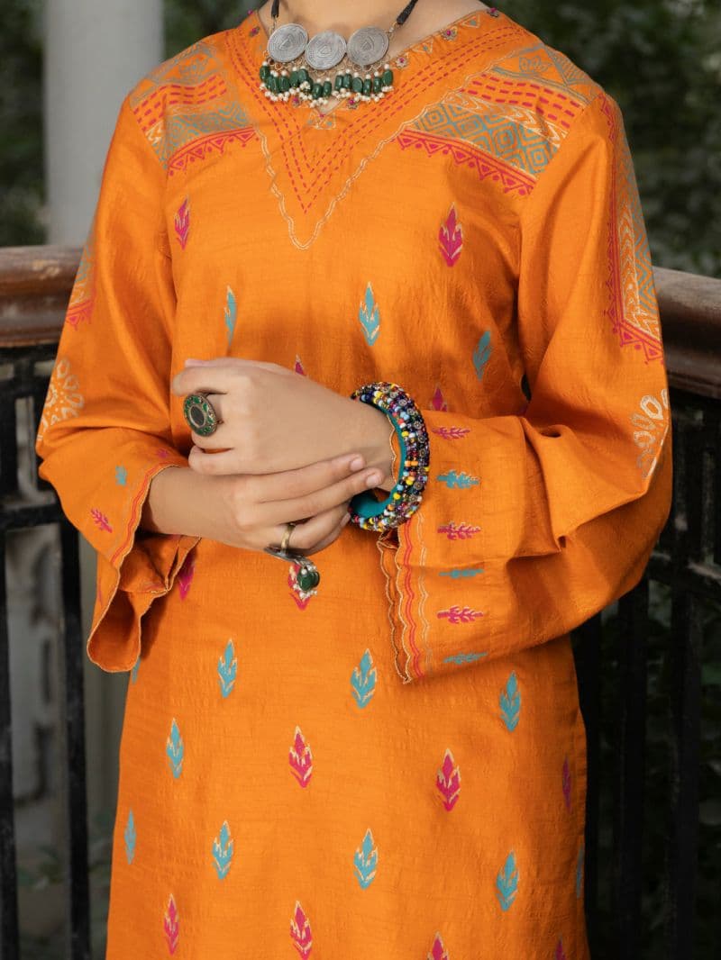 Orange Raw Silk 2 Piece Stitched thumbnail