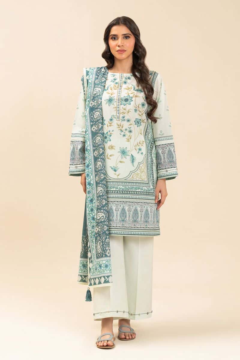 3 PIECE PRINTED LAWN SUIT-IVORY MEADOW (UNSTITCHED) - alternate view