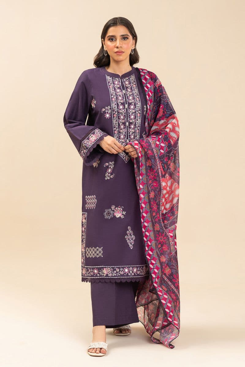 3 PIECE EMBROIDERED LAWN SUIT-IMPERIAL PLUM (UNSTITCHED) thumbnail