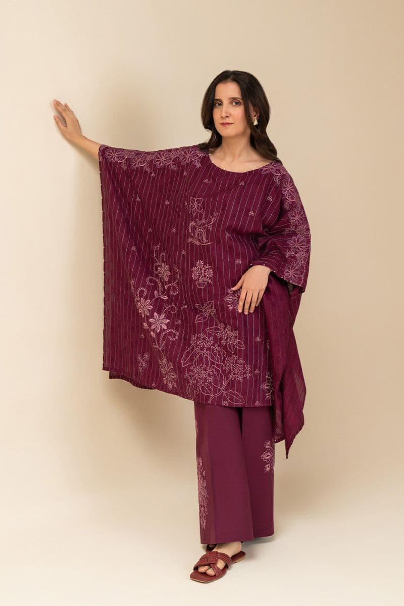 2 PICE EMBROIDERED SELF JACQUARD SUIT-FUCHSIA FLARE (UNSTITCHED) thumbnail