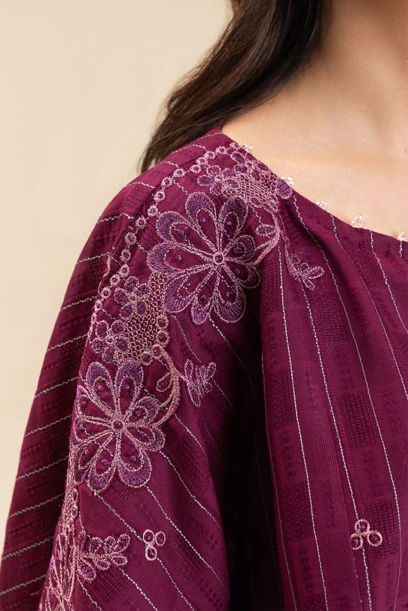 2 PICE EMBROIDERED SELF JACQUARD SUIT-FUCHSIA FLARE (UNSTITCHED) thumbnail