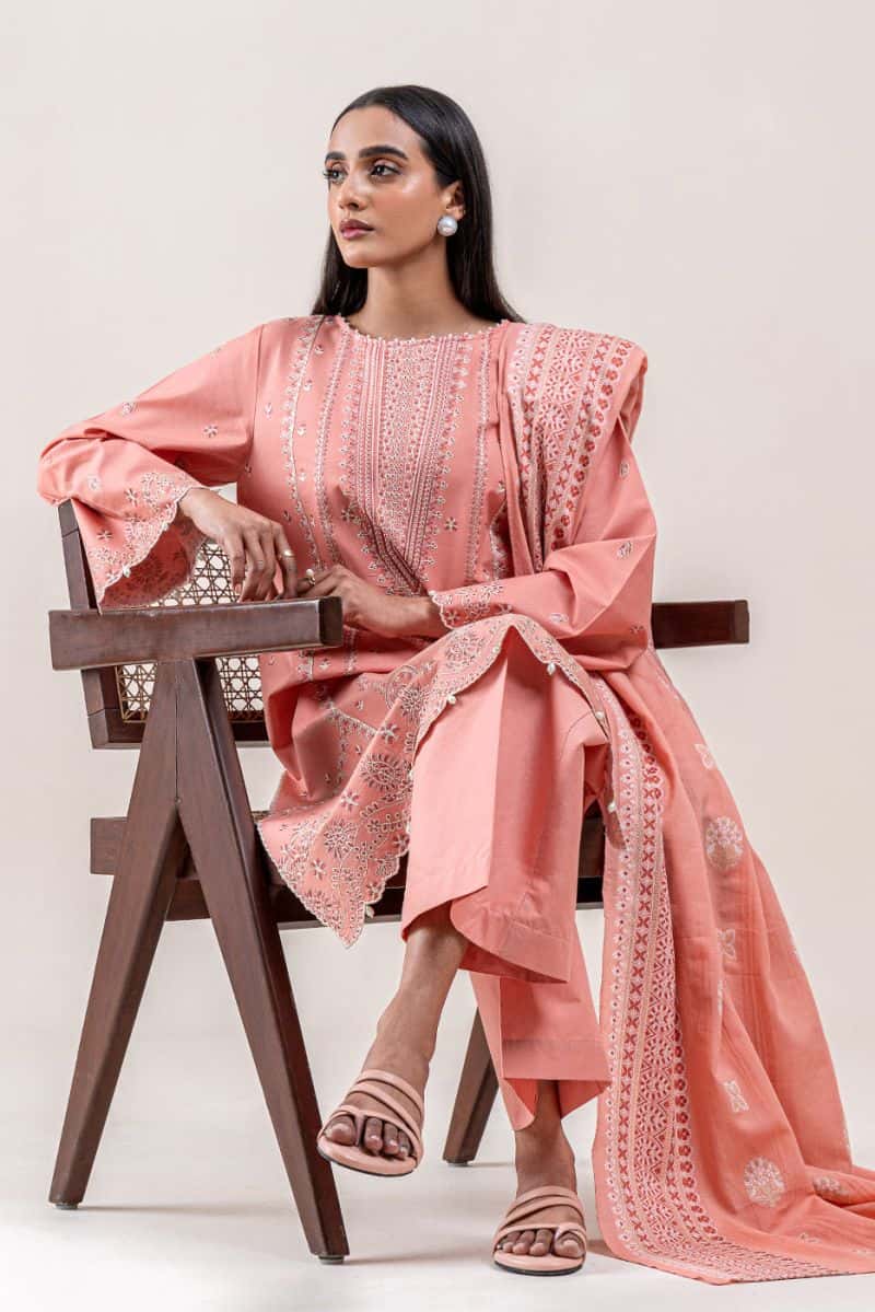 3 PIECE EMBROIDERED LAWN SUIT-CORAL BLISS (UNSTITCHED)