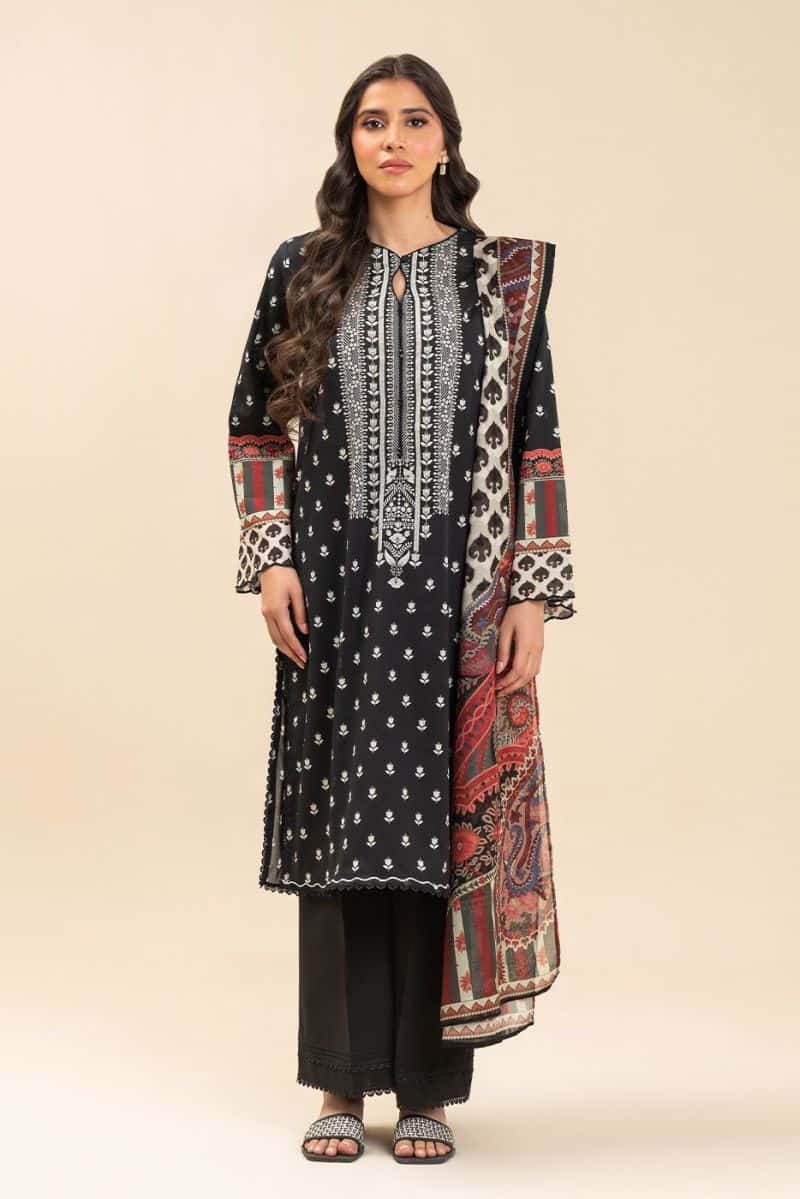 3 PIECE PRINTED LAWN SUIT-SOMBER BLACK (UNSTITCHED) - alternate view