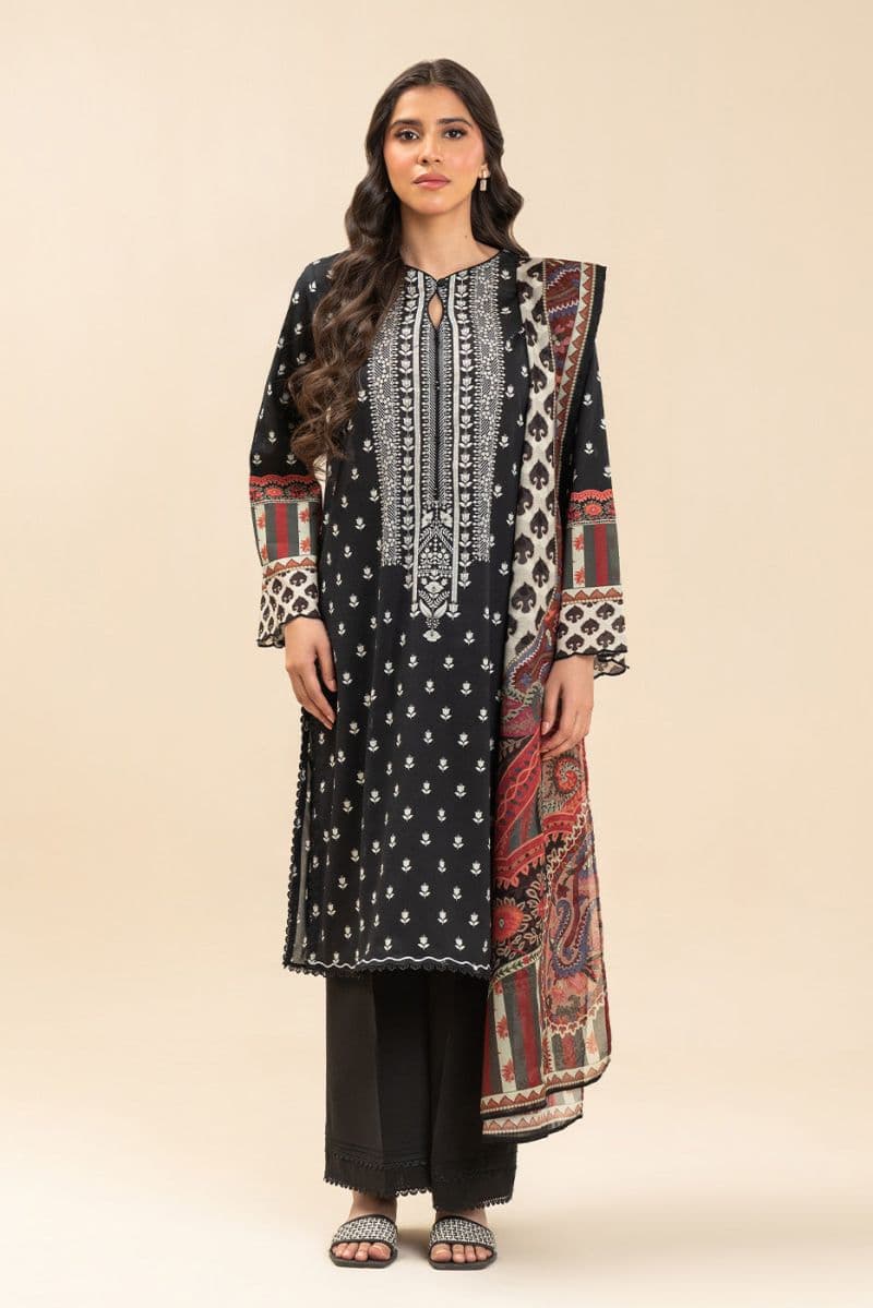 3 PIECE PRINTED LAWN SUIT-SOMBER BLACK (UNSTITCHED) thumbnail